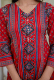 Red Ajrakh Printed Cotton Anarkali Suit set with Palazzos and Dupatta