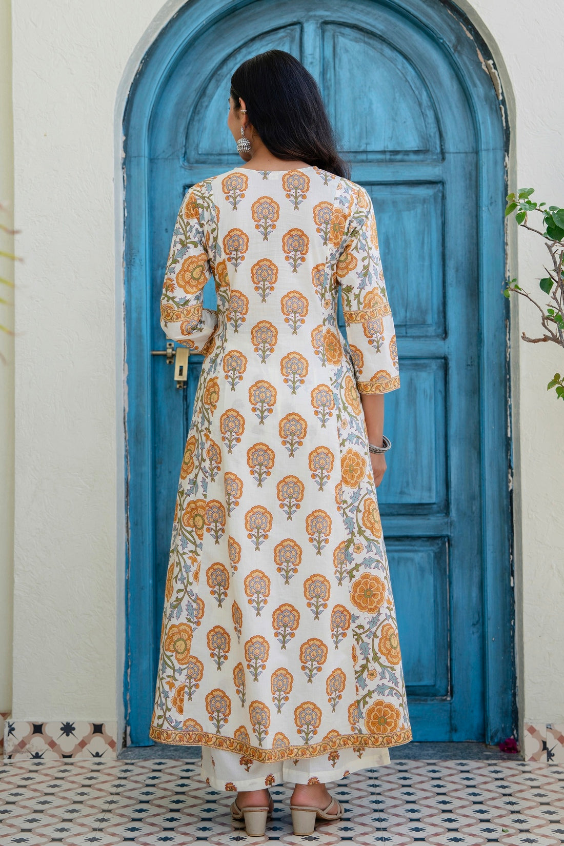 Off white with Yellow Floral Print Anarkali Suit Set with Palazzos and Dupatta