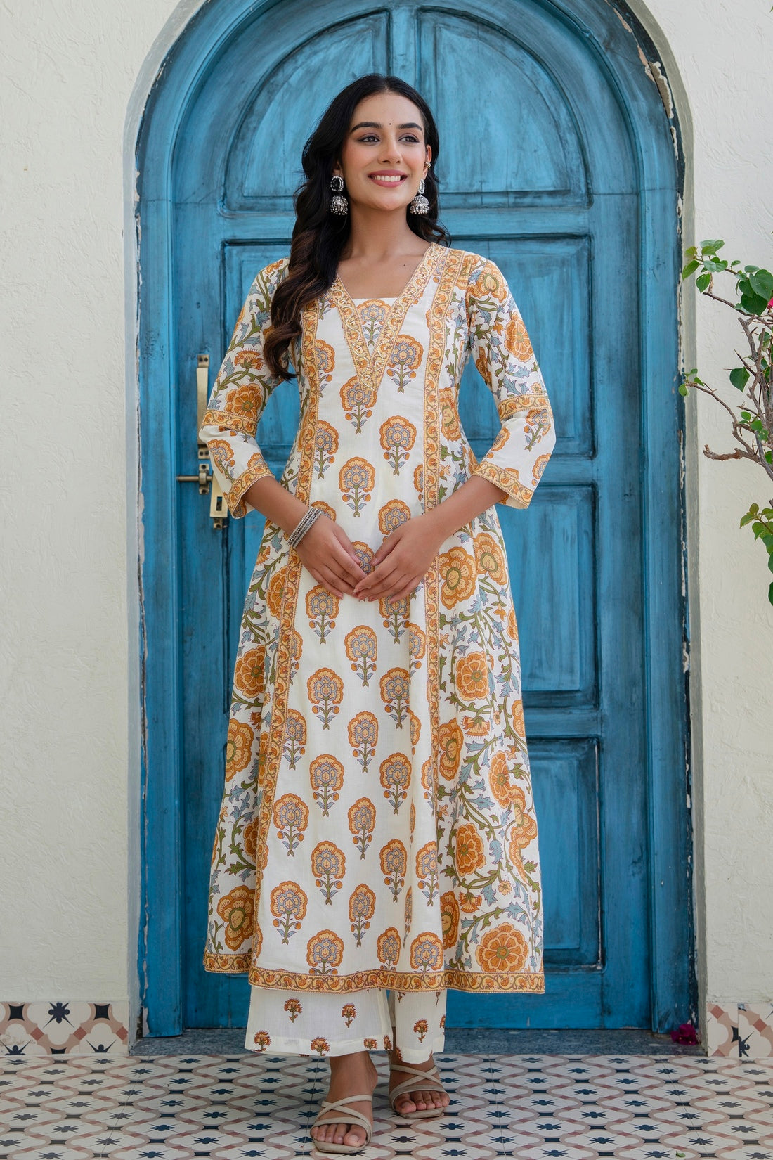 Off white with Yellow Floral Print Anarkali Suit Set with Palazzos and Dupatta