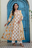 Off white with Yellow Floral Print Anarkali Suit Set with Palazzos and Dupatta