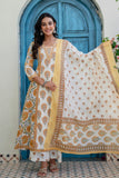 Off white with Yellow Floral Print Anarkali Suit Set with Palazzos and Dupatta