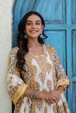Off white with Yellow Floral Print Anarkali Suit Set with Palazzos and Dupatta