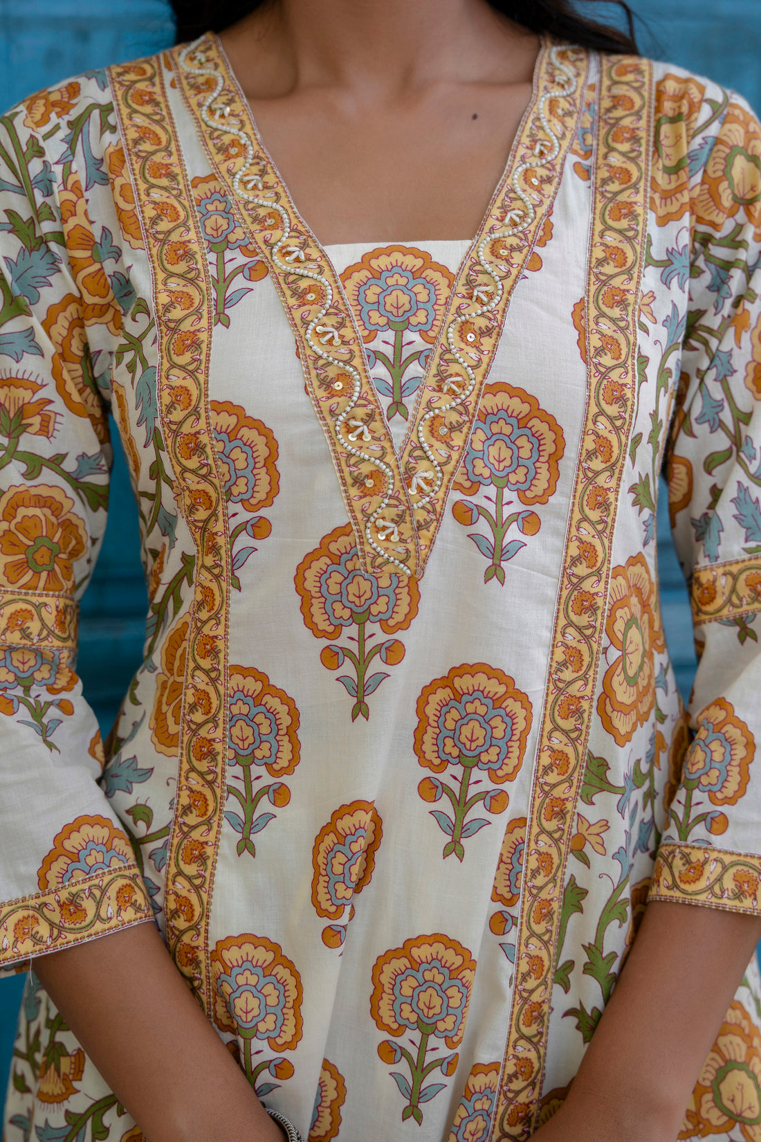 Off white with Yellow Floral Print Anarkali Suit Set with Palazzos and Dupatta