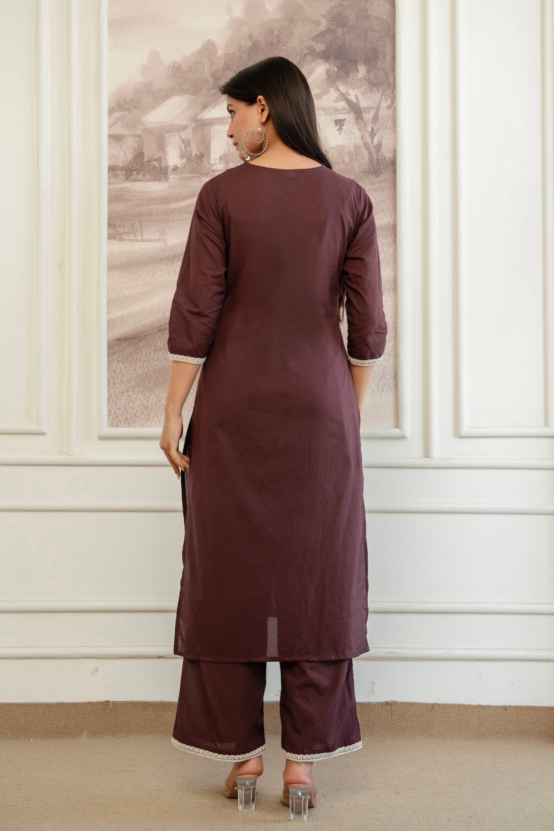 Brown Cord Embroidery with Lace Detail Kurta Set with Palazzos and Dupatta