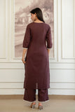 Brown Cord Embroidery with Lace Detail Kurta Set with Palazzos and Dupatta