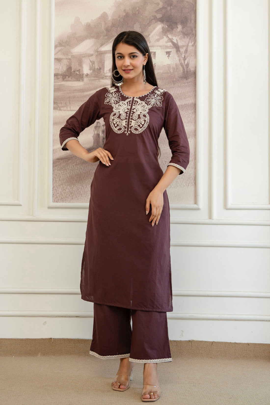 Brown Cord Embroidery with Lace Detail Kurta Set with Palazzos and Dupatta