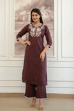 Brown Cord Embroidery with Lace Detail Kurta Set with Palazzos and Dupatta