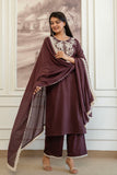 Brown Cord Embroidery with Lace Detail Kurta Set with Palazzos and Dupatta