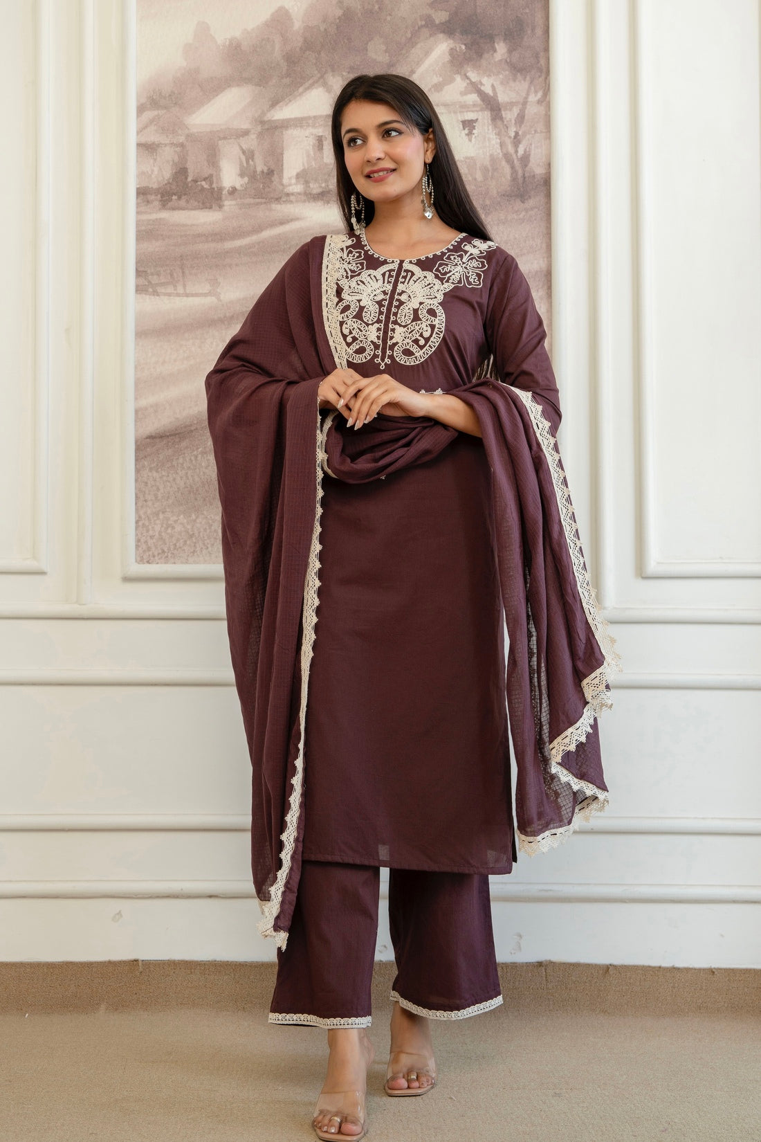 Brown Cord Embroidery with Lace Detail Kurta Set with Palazzos and Dupatta