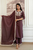 Brown Cord Embroidery with Lace Detail Kurta Set with Palazzos and Dupatta