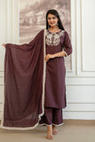 Brown Cord Embroidery with Lace Detail Kurta Set with Palazzos and Dupatta