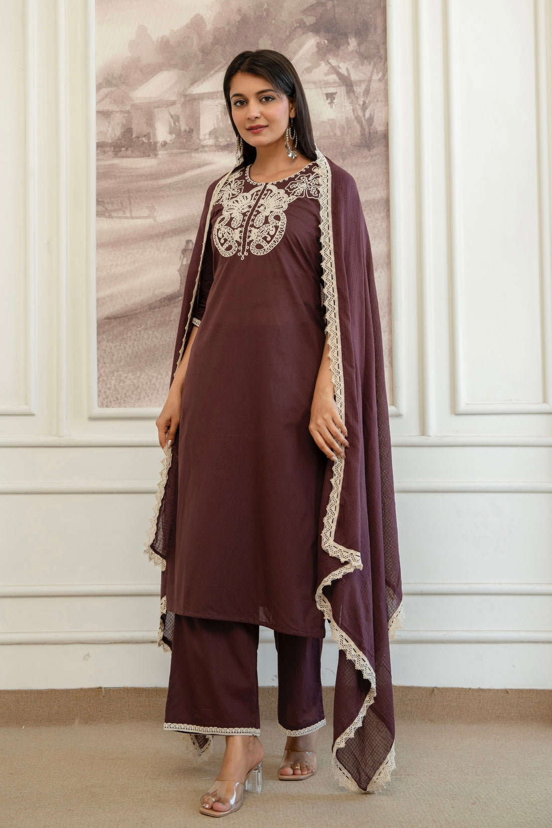 Brown Cord Embroidery with Lace Detail Kurta Set with Palazzos and Dupatta