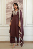 Brown Cord Embroidery with Lace Detail Kurta Set with Palazzos and Dupatta