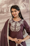 Brown Cord Embroidery with Lace Detail Kurta Set with Palazzos and Dupatta