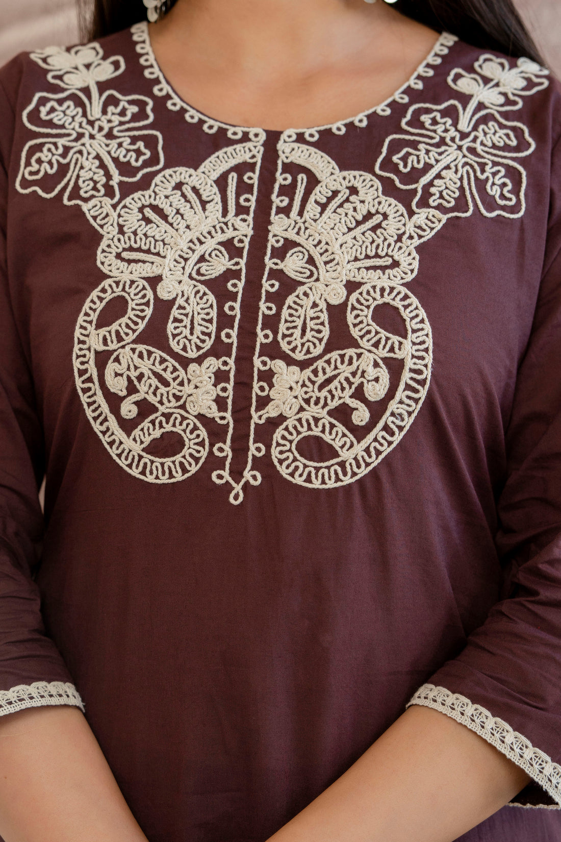 Brown Cord Embroidery with Lace Detail Kurta Set with Palazzos and Dupatta