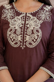 Brown Cord Embroidery with Lace Detail Kurta Set with Palazzos and Dupatta