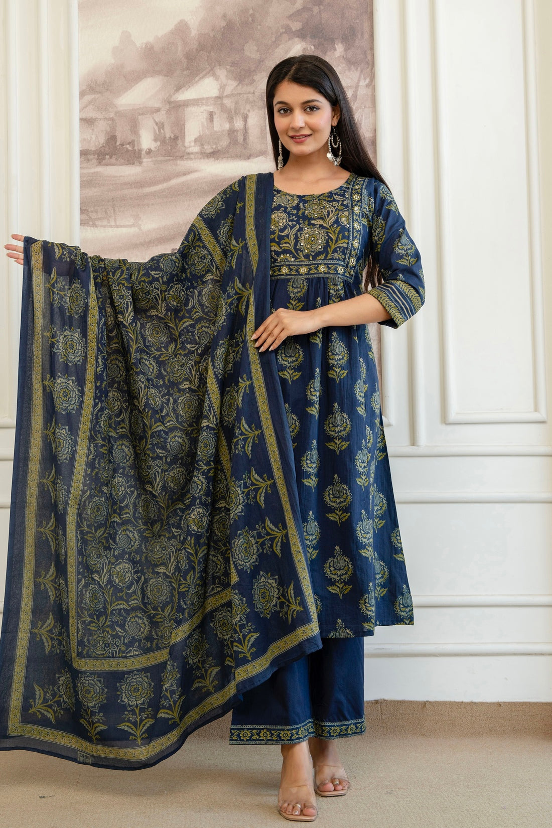 Indigo Ethnic Aline Suit Set with Palazzo and Dupatta