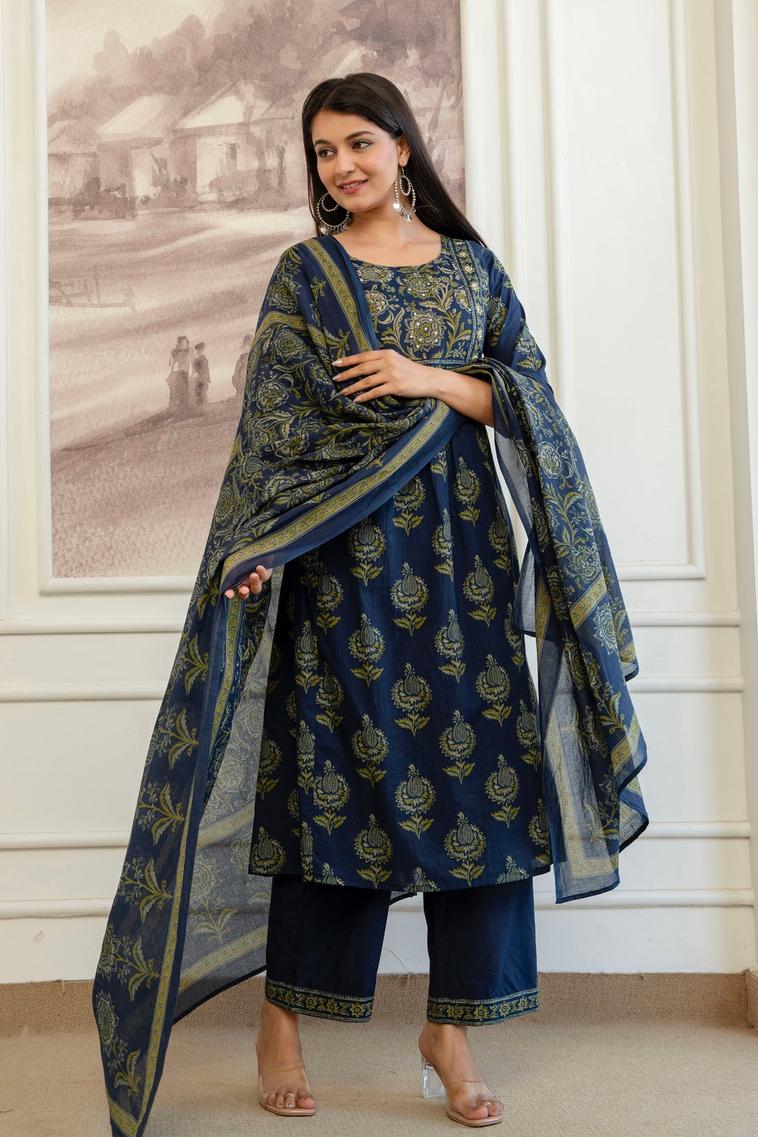Indigo Ethnic Aline Suit Set with Palazzo and Dupatta