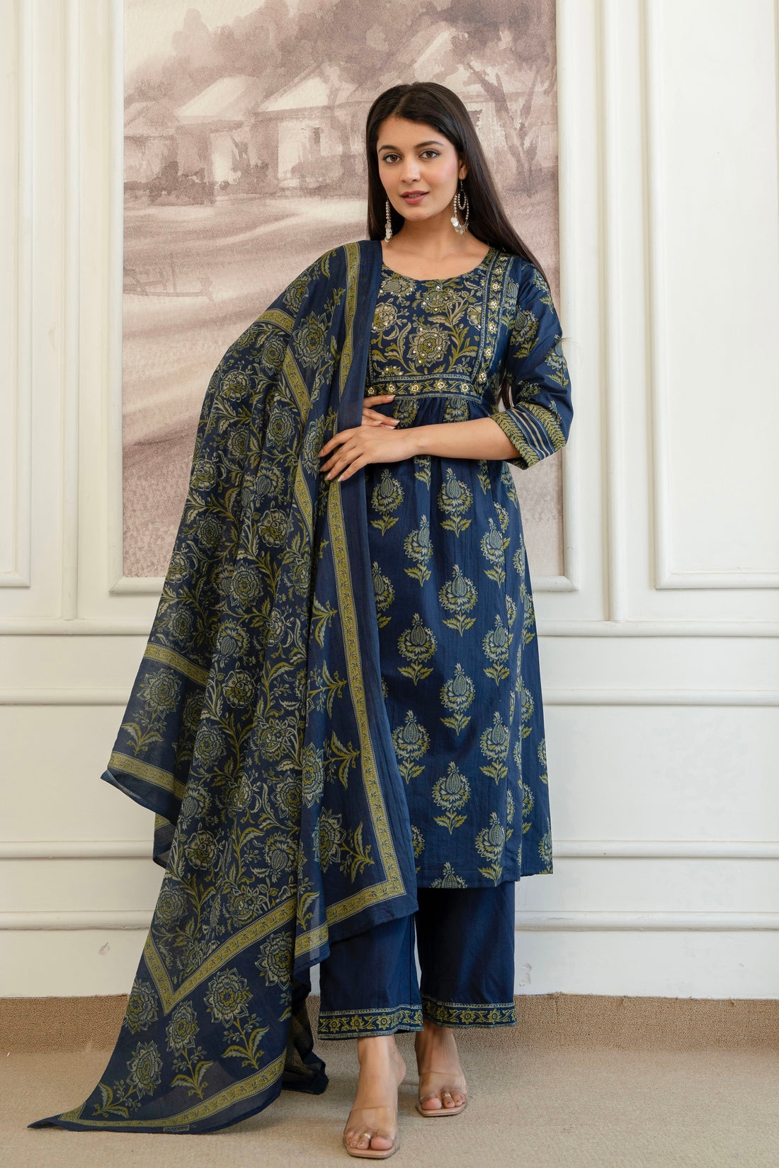 Indigo Ethnic Aline Suit Set with Palazzo and Dupatta