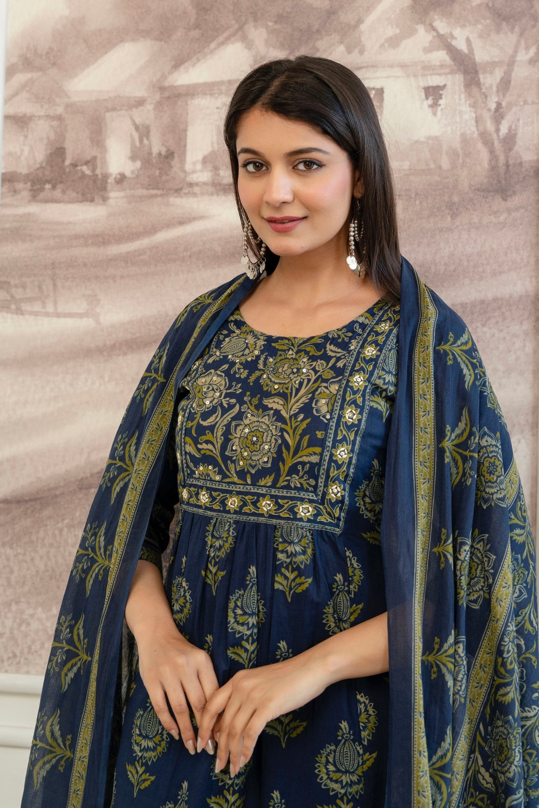 Indigo Ethnic Aline Suit Set with Palazzo and Dupatta