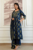 Indigo Ethnic Aline Suit Set with Palazzo and Dupatta