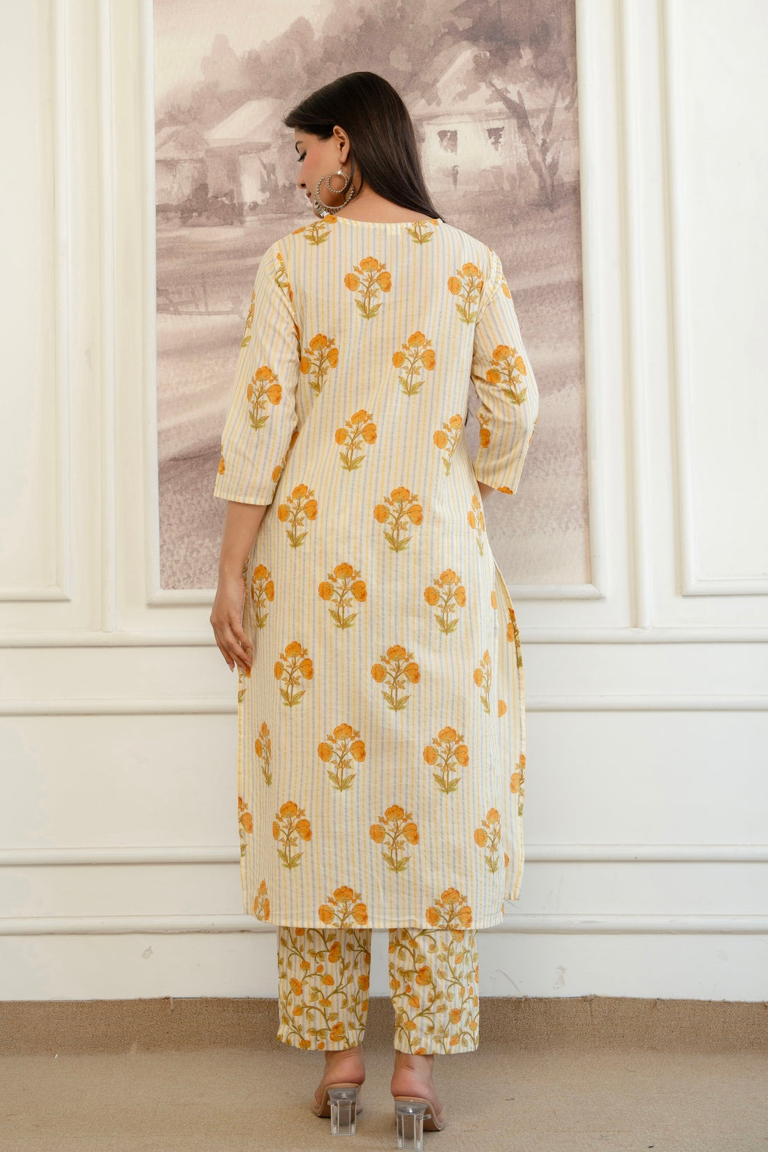 Yellow Stripes and Motif Print Cotton Kurta Set with Trousers and Dupatta