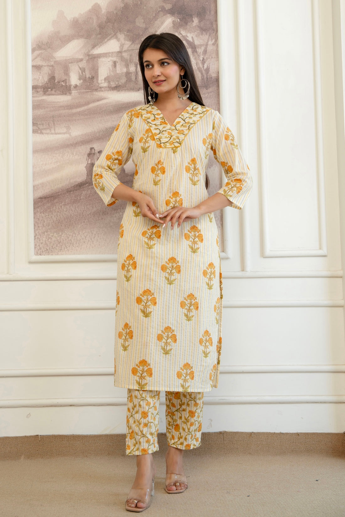 Yellow Stripes and Motif Print Cotton Kurta Set with Trousers and Dupatta