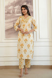 Yellow Stripes and Motif Print Cotton Kurta Set with Trousers and Dupatta