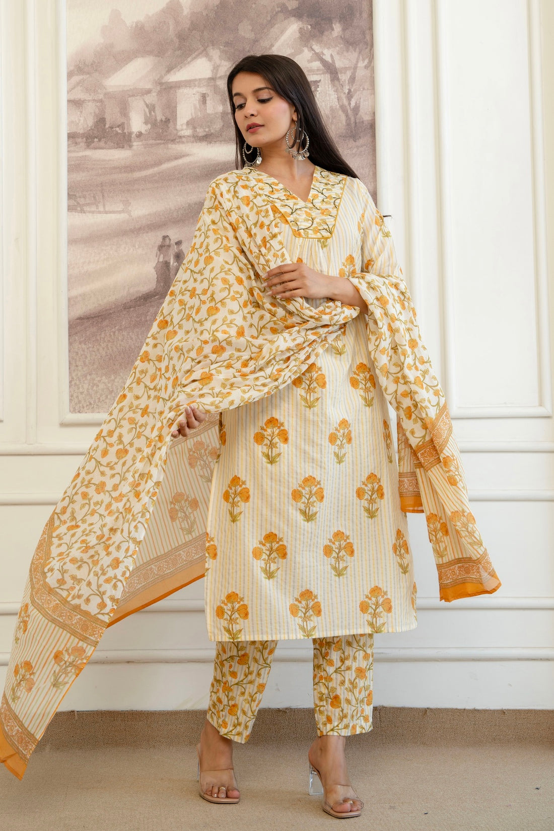 Yellow Stripes and Motif Print Cotton Kurta Set with Trousers and Dupatta