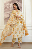 Yellow Stripes and Motif Print Cotton Kurta Set with Trousers and Dupatta
