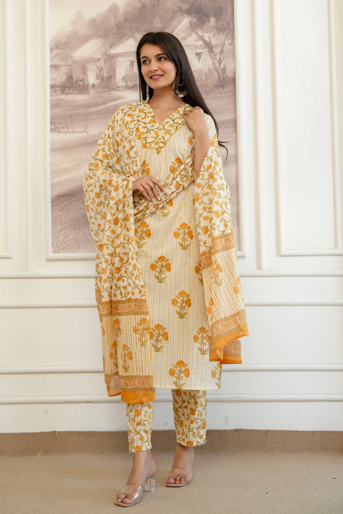 Yellow Stripes and Motif Print Cotton Kurta Set with Trousers and Dupatta