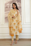 Yellow Stripes and Motif Print Cotton Kurta Set with Trousers and Dupatta