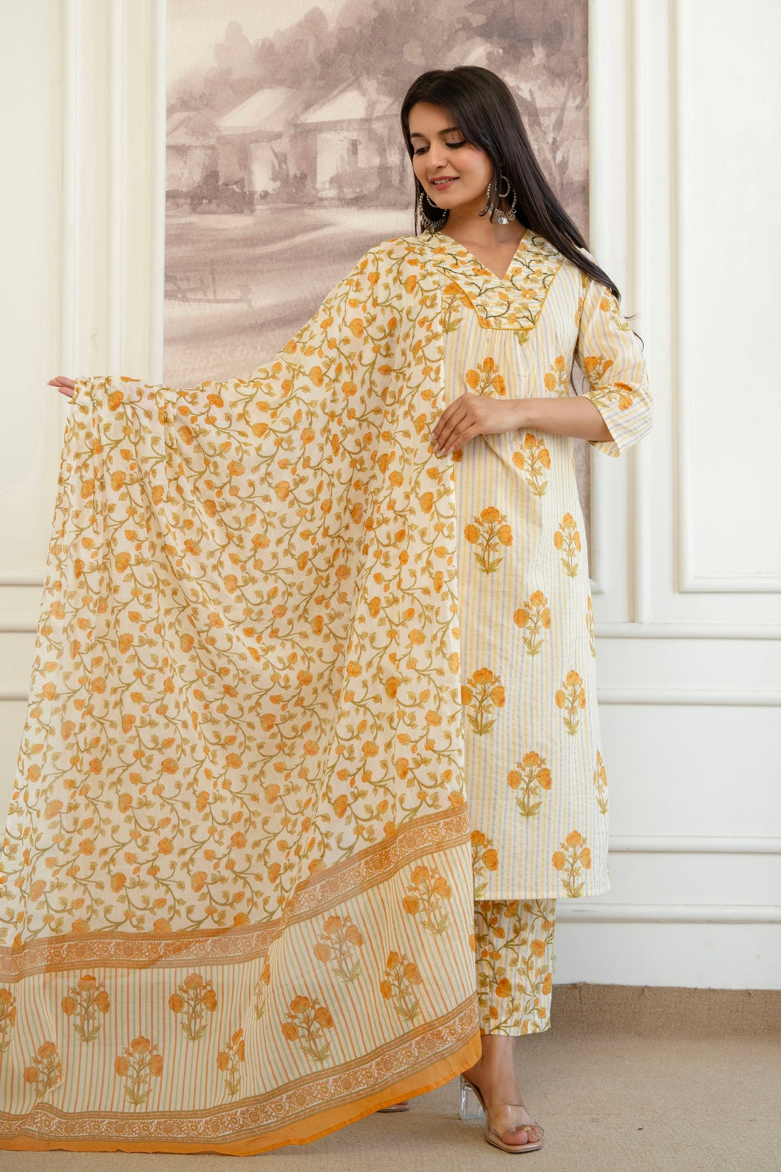 Yellow Stripes and Motif Print Cotton Kurta Set with Trousers and Dupatta