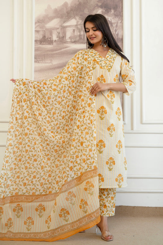 Yellow Stripes and Motif Print Cotton Kurta Set with Trousers and Dupatta