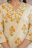 Yellow Stripes and Motif Print Cotton Kurta Set with Trousers and Dupatta