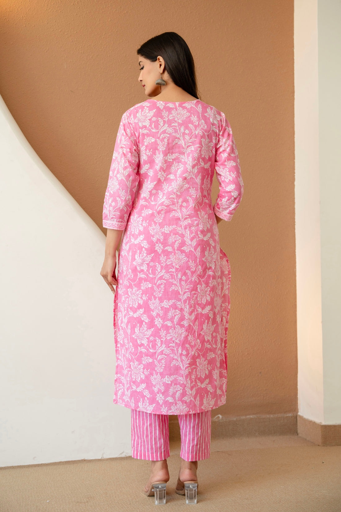 Pink Floral Cotton Kurta Set with Trousers and Dupatta