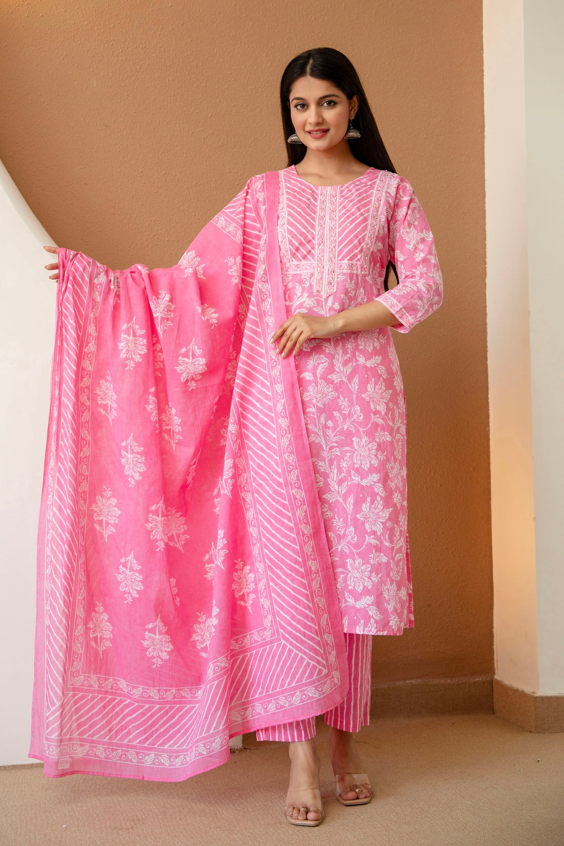 Pink Floral Cotton Kurta Set with Trousers and Dupatta