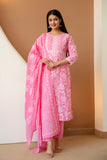 Pink Floral Cotton Kurta Set with Trousers and Dupatta
