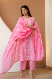 Pink Floral Cotton Kurta Set with Trousers and Dupatta