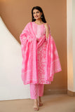 Pink Floral Cotton Kurta Set with Trousers and Dupatta