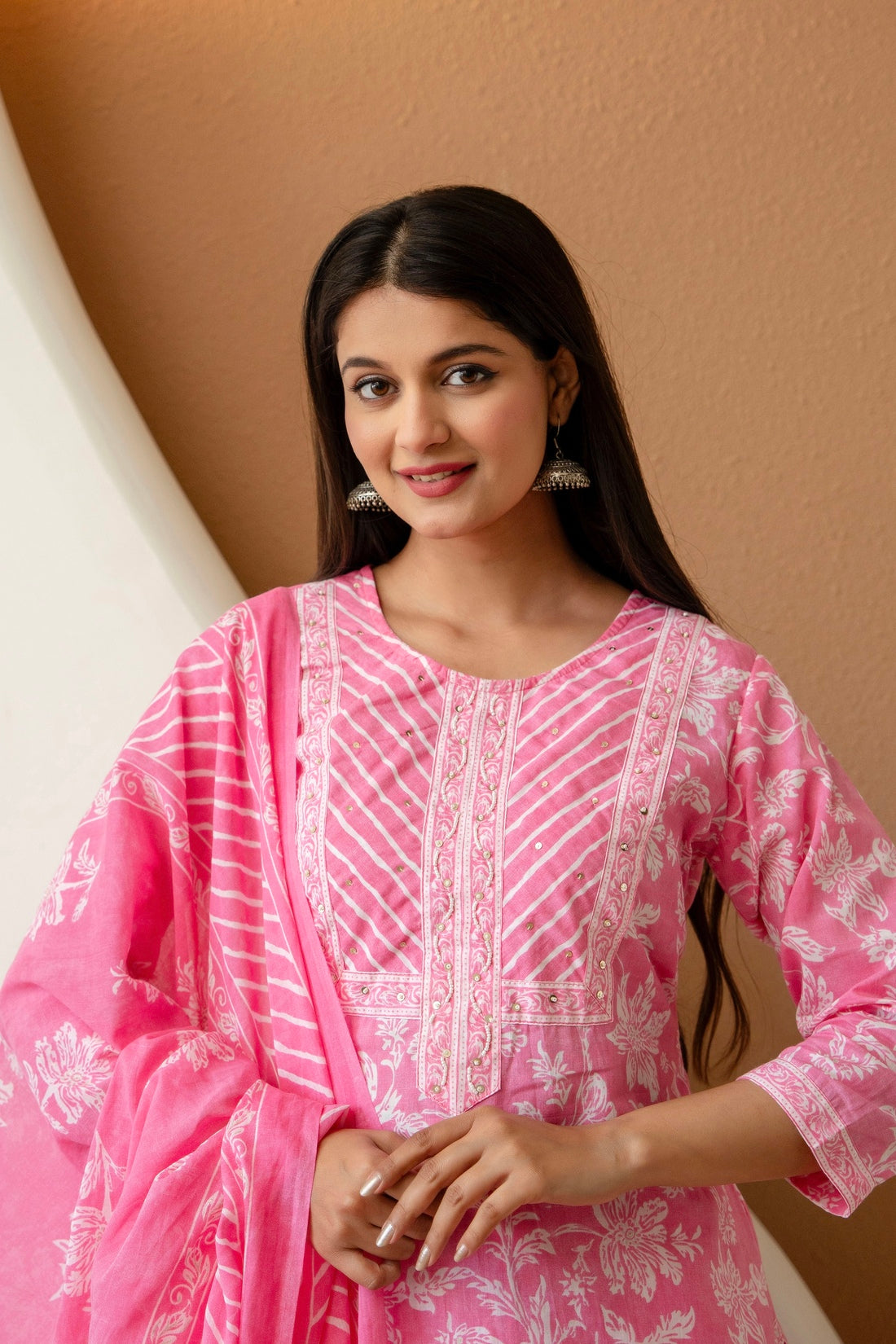 Pink Floral Cotton Kurta Set with Trousers and Dupatta