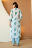Off White and Blue Motif Print Cotton Kurta Set with Trousers and Dupatta