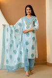 Off White and Blue Motif Print Cotton Kurta Set with Trousers and Dupatta
