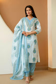 Off White and Blue Motif Print Cotton Kurta Set with Trousers and Dupatta