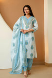 Off White and Blue Motif Print Cotton Kurta Set with Trousers and Dupatta