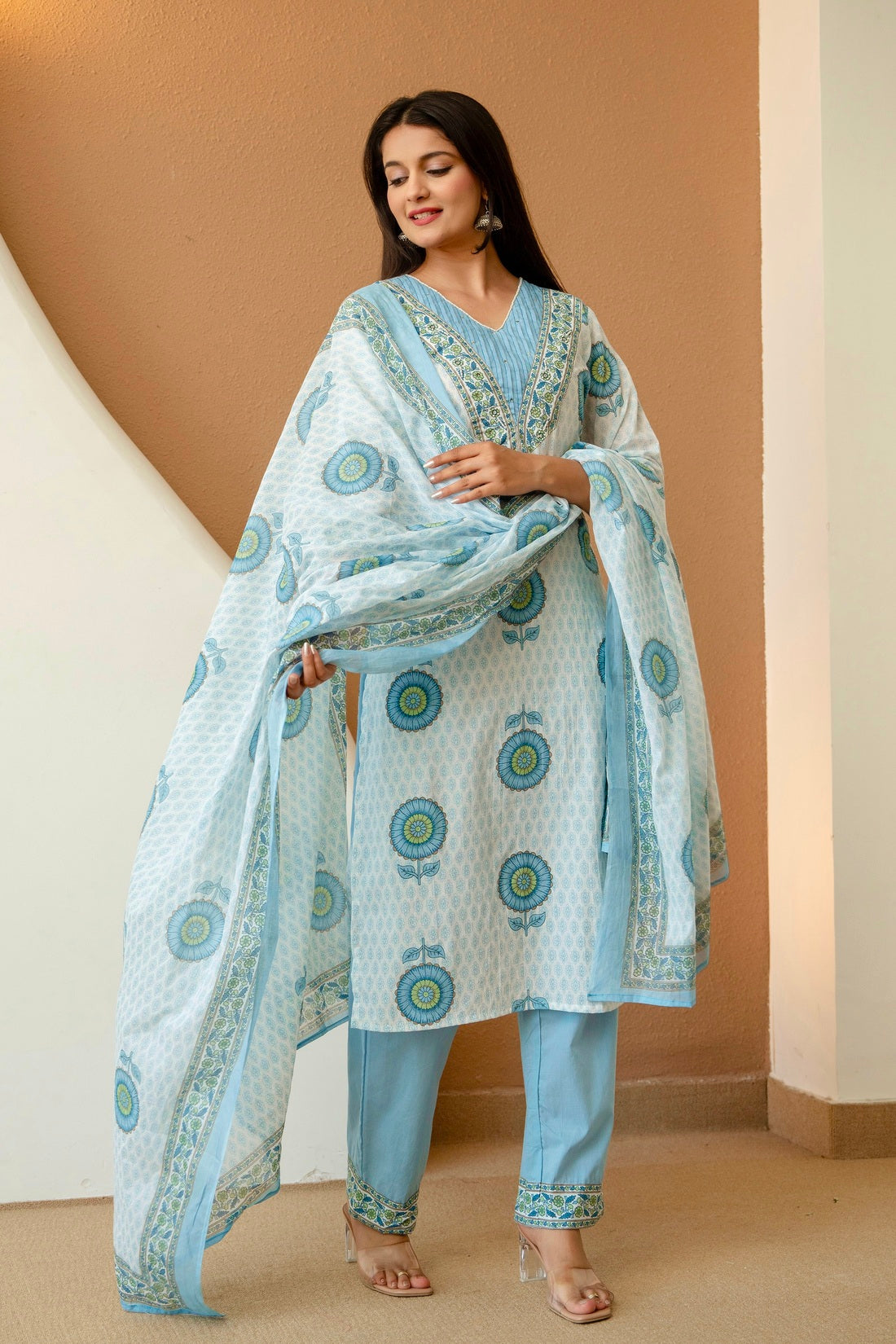 Off White and Blue Motif Print Cotton Kurta Set with Trousers and Dupatta