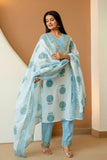 Off White and Blue Motif Print Cotton Kurta Set with Trousers and Dupatta
