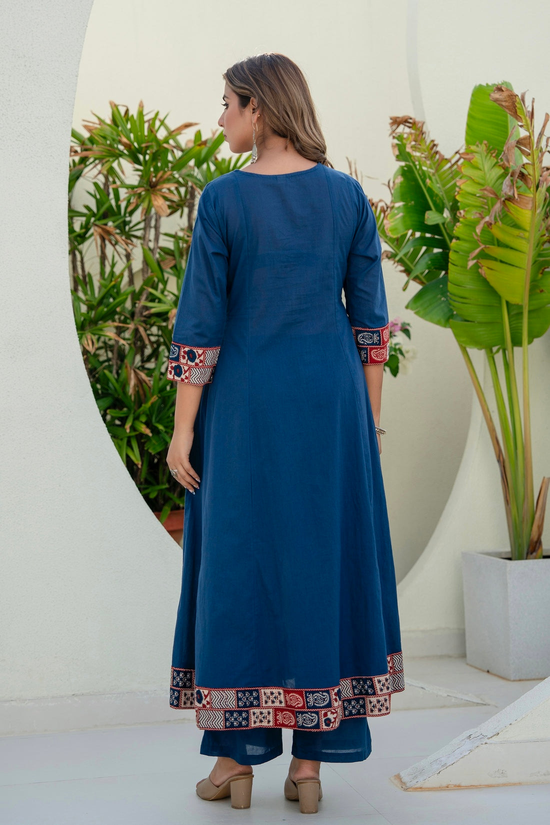 Navy Yoke Detail Anarkali Suit Set with Palazzos and Kota Doriya Dupatta