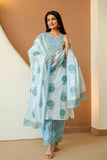 Off White and Blue Motif Print Cotton Kurta Set with Trousers and Dupatta