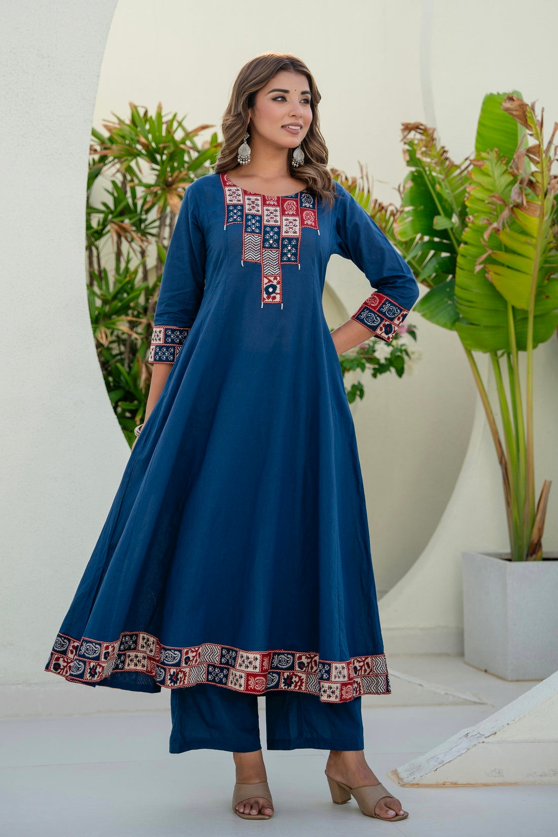 Navy Yoke Detail Anarkali Suit Set with Palazzos and Kota Doriya Dupatta